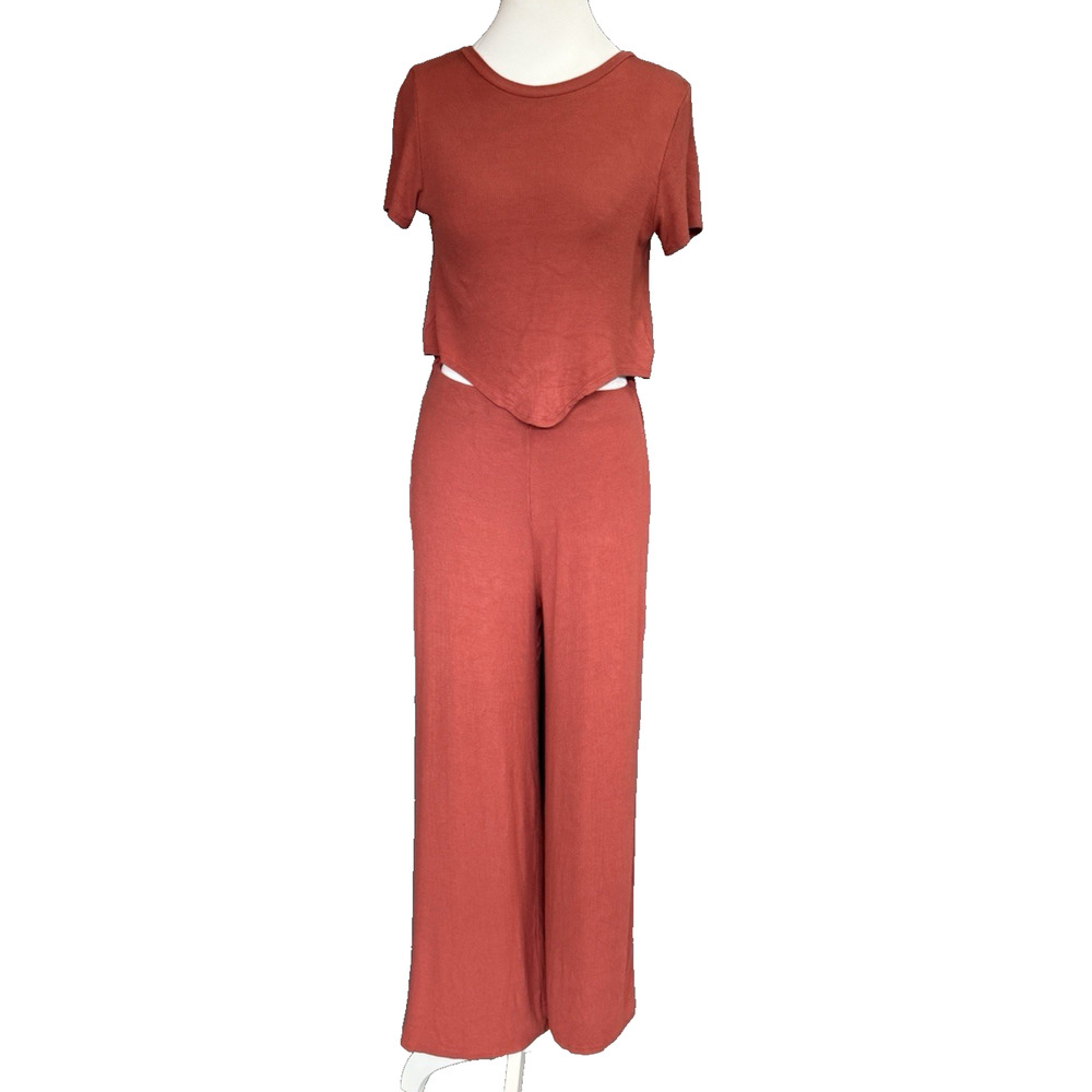 Better Be Womens Wide Leg Ribbed Jumpsuit Size M Rust‎ Casual Loungewear Comfort